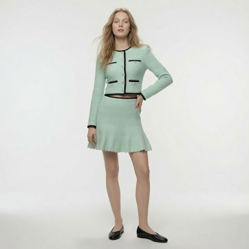 Conjunto Elegante De Top y falda Midi De Punto Abierto Con Bloques De Color Moda Mujer En Tendencia