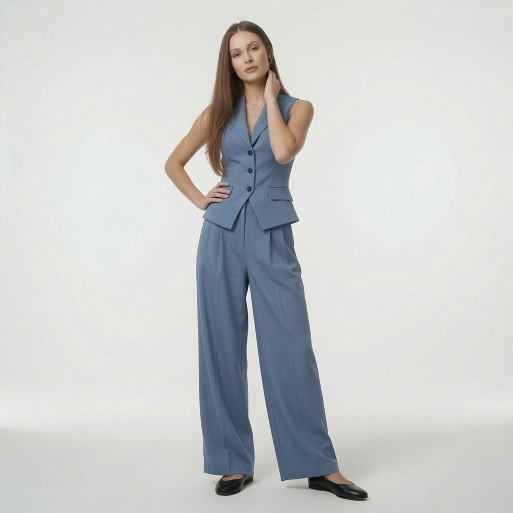 Conjunto Elegante Para Mujer Top Sin Mangas Y Pantalón Recto Casual Formal Moda Mujer 2 Tonos Mas