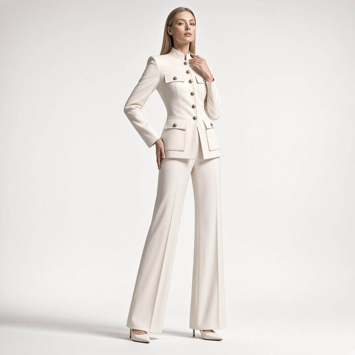 Elegante Tipo Traje Conjunto 2 Piezas Chaqueta De Manga Larga  Cuello Alto Pantalón Recto Casual Moda Mujer En Tendencia