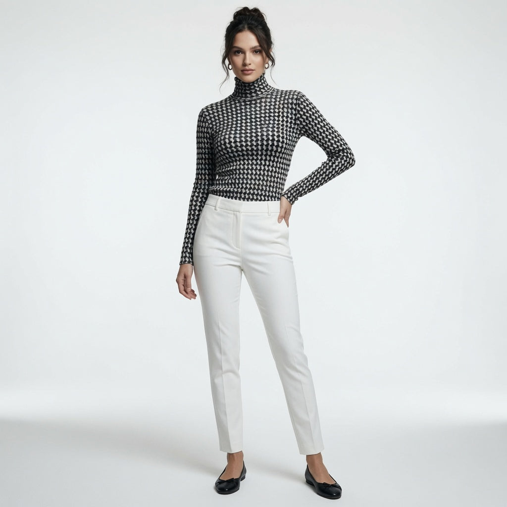 Camiseta de Punto De Cuello Alto Elegante De Cuadritos Moda Mujer En Tendencia