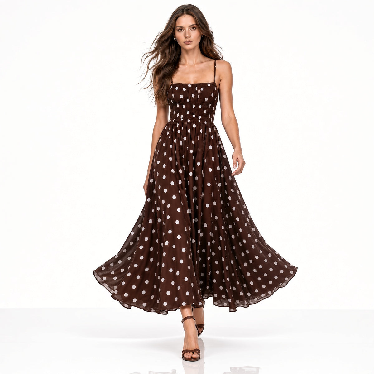 Elegante Vestido Largo Cintura Elástica Estampados Lunares Sin Mangas Moda Mujer En Tendencia