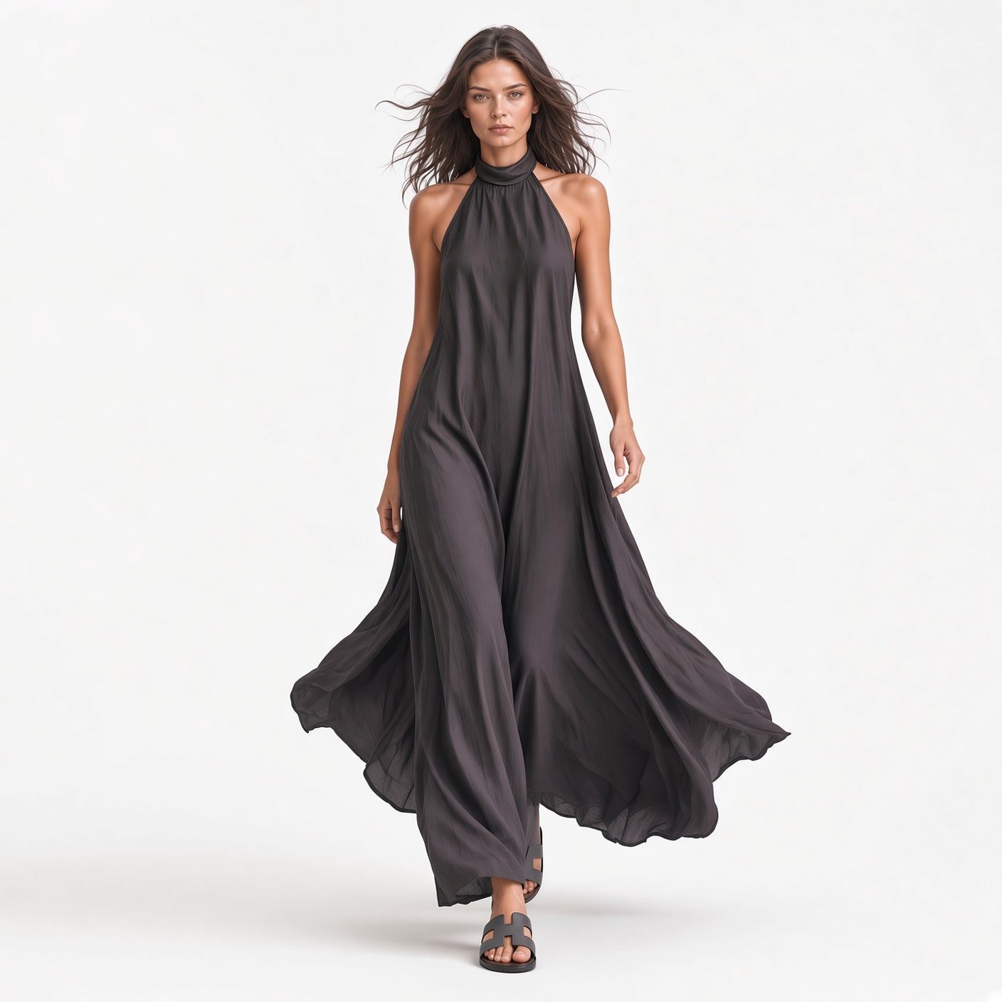 Vestido Elegante Largo Estilo Boho Holgado Sin Mangas Cuello Halter Con Bolsillos Moda Mujer En Tendencia