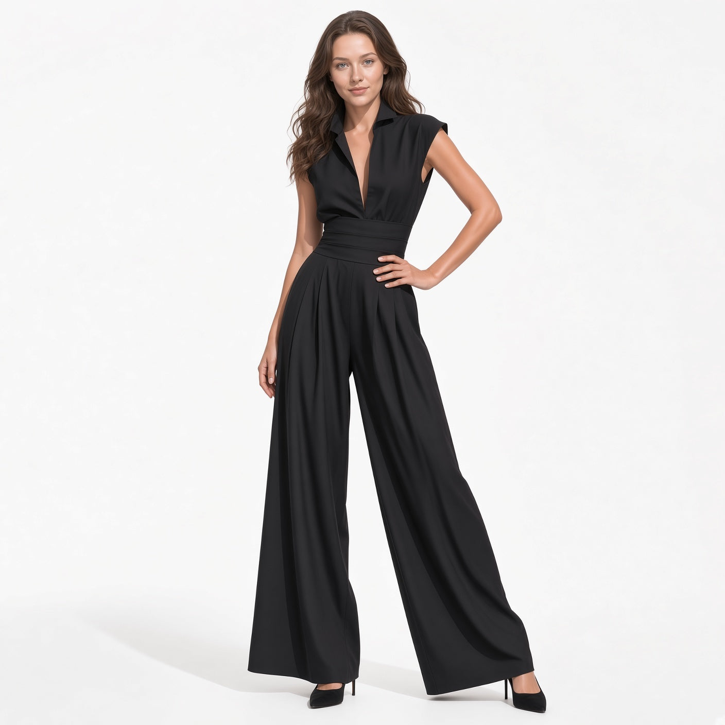 Mono Elegantes Casual Cintura Media Pantalón Holgado Pierna Ancha Tela Poliéster Moda Mujer En Tendencia