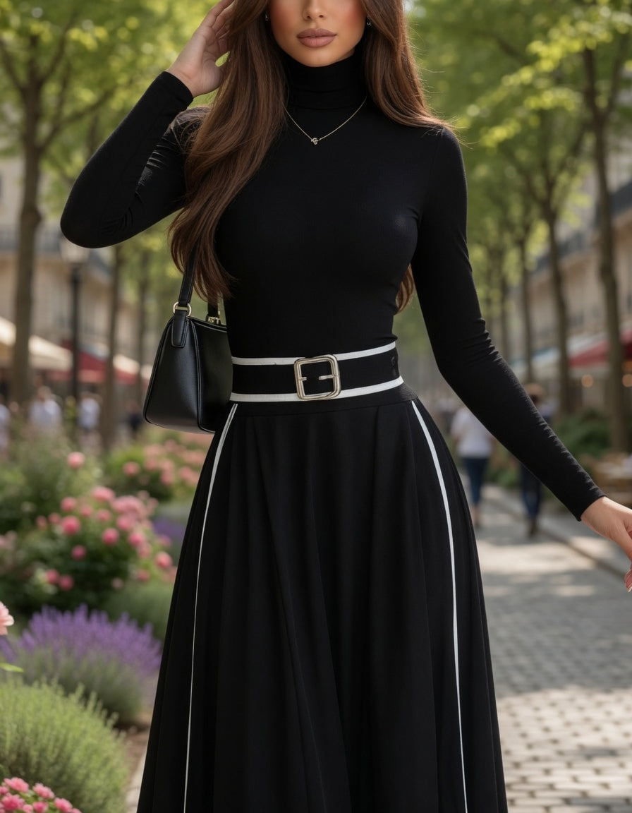 Vestido Largo Negro Casual Formal Cuello Alto Manga Larga En Tendencia Moda Mujer