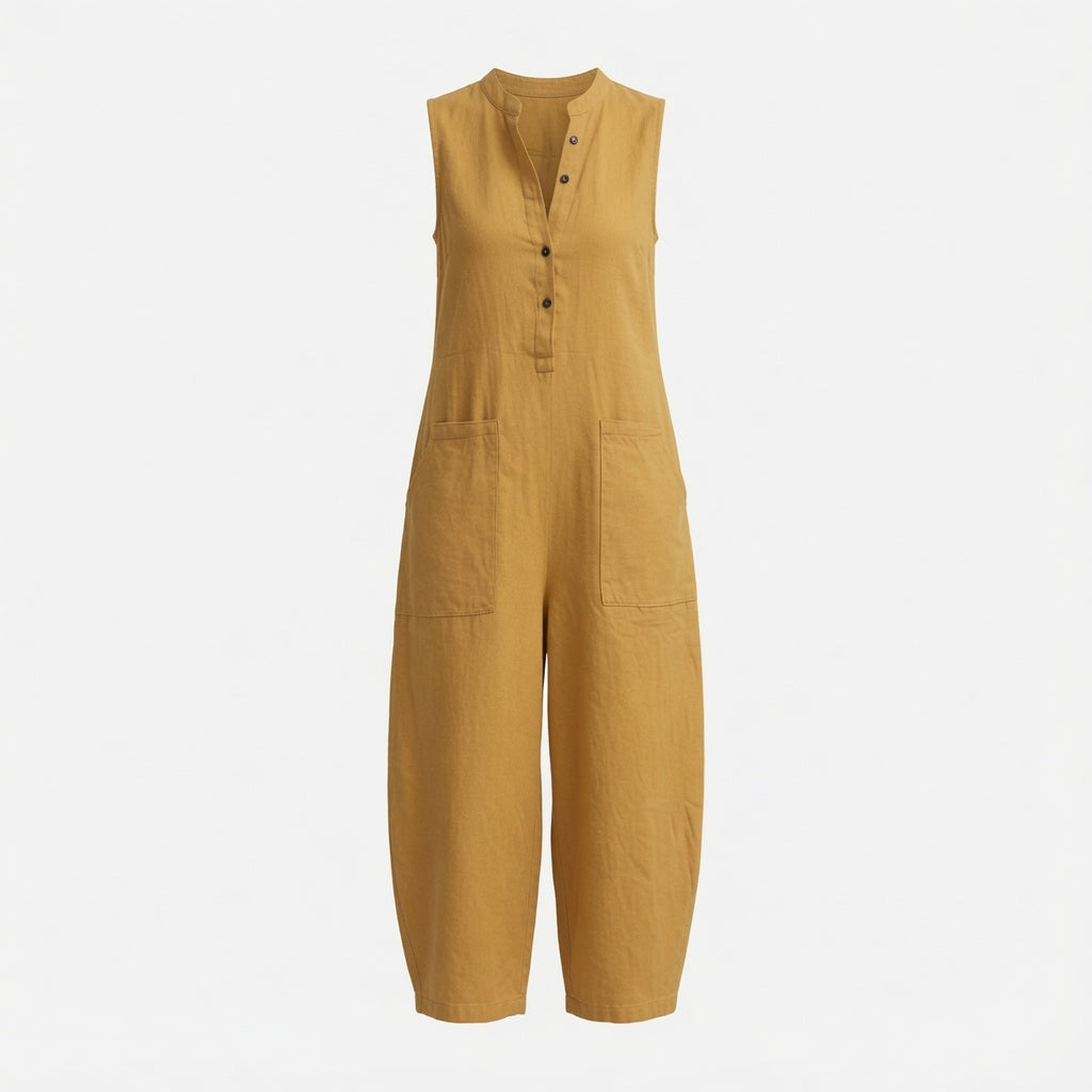 Elegante Mono Casual en Color Liso Holgado Pierna Ancha Sin Mangas Cuello Alto Con Botones Moda Mujer En Tendencia 4 Tonos Mas