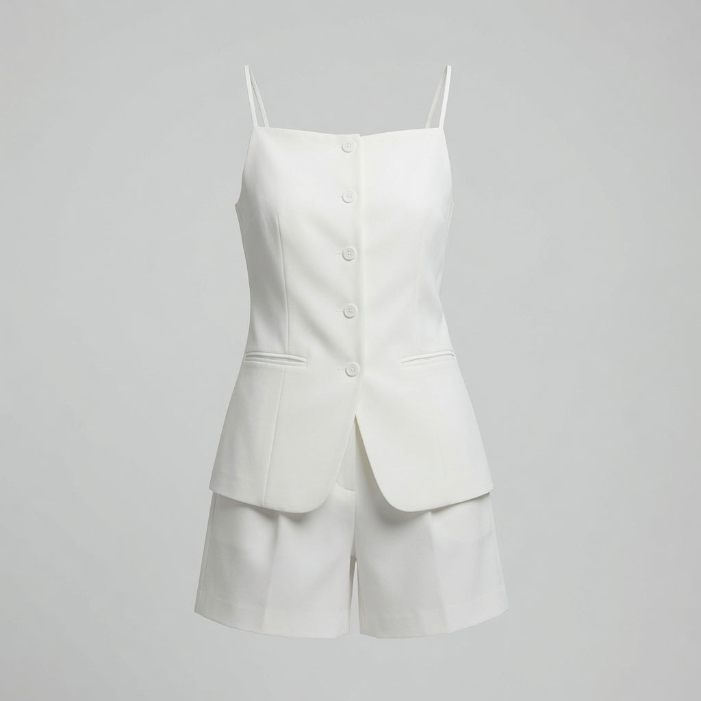 Set Chaleco y Short Moda Mujer Casual Formal Color Marfil En Tendencia