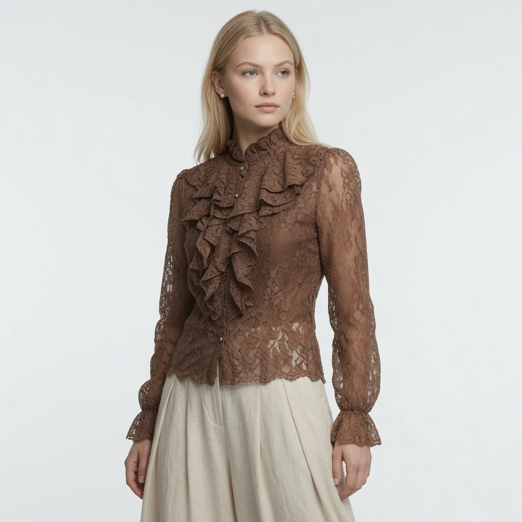 Blusa Elegante Casual Formal Manga Larga, Bordado y Volantes Moda En Tendencia Mujer, Un Tono Mas.
