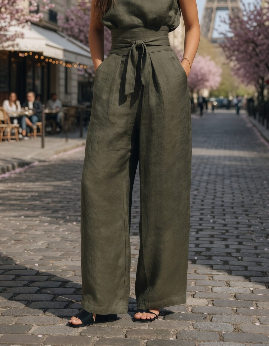 Conjunto de Blusa sin Mangas y Pantalón de Pierna Ancha de Algodón y Lino para Mujer - Estilo Minimalista