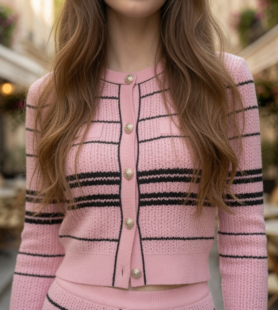Conjunto Elegante De Blusa Manga Larga y Falda Midi De Punto a Rayas Moda Mujer En Tendencia.