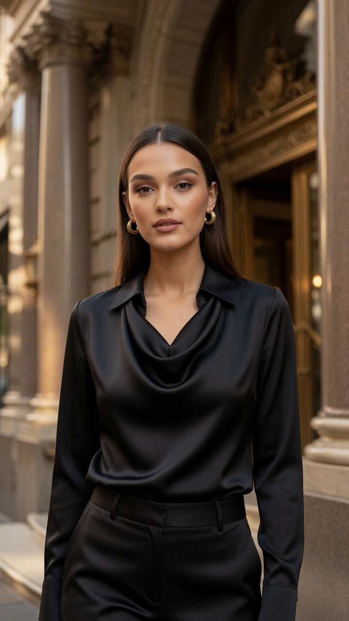 Blusa Elegante De Satén Con Cuello V Manga Larga Moda Mujer En Tendencia 2 Tonos Mas