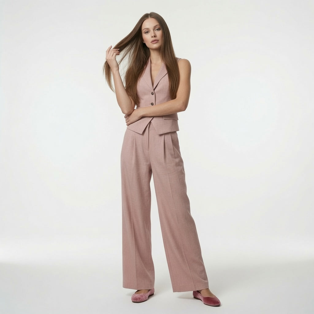 Conjunto Elegante Para Mujer Top Sin Mangas Y Pantalón Recto Casual Formal Moda Mujer 2 Tonos Mas