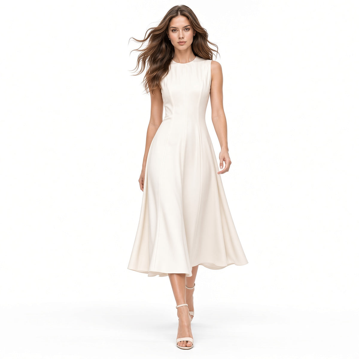 Elegante Vestido Largo Estilo Frances Cuello Redondo Sin Mangas Color Solido Moda Mujer En Tendencia