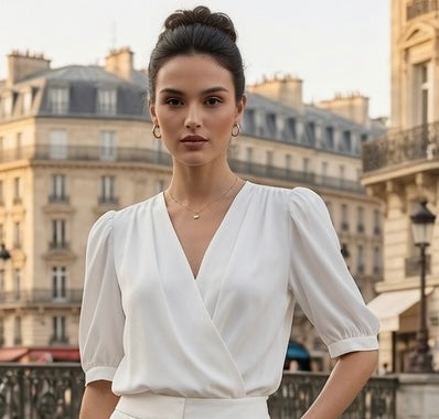 Blusa Elegante De Gasa Con Cuello V Manga Corta De Linterna Moda Mujer En Tendencia