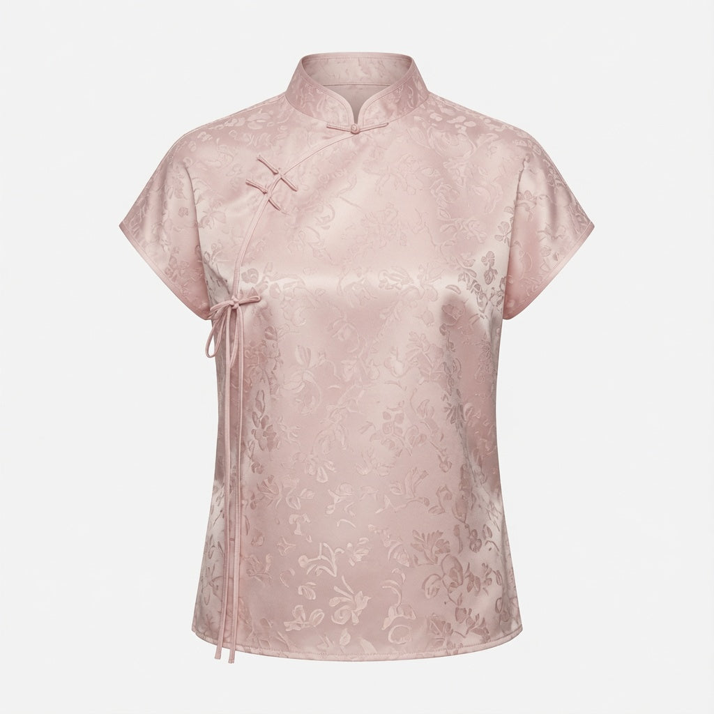 Elegante Blusa Estilo Chino Manga Corta Corte Entallado Con Bordado Textura De Seda Satinada Moda Mujer En Tendencia