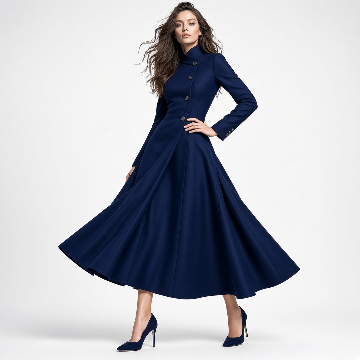 Elegante Vestido Cuello Alto Manga Y  Falda Larga Casual Moda Mujer En Tendencia