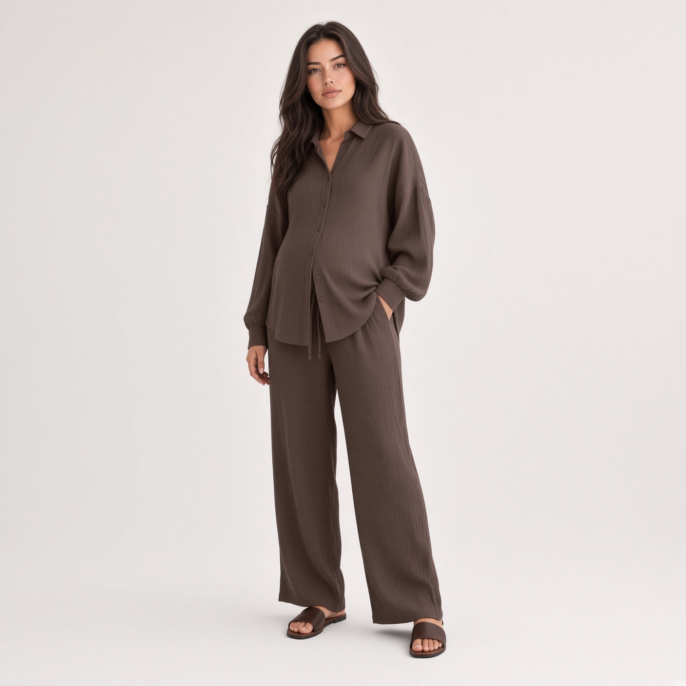 Conjunto De Dos Piezas Camisa Manga Larga Con Botones Y Pantalón Casual Holgado Pierna Ancha Moda Mujer En tendencia