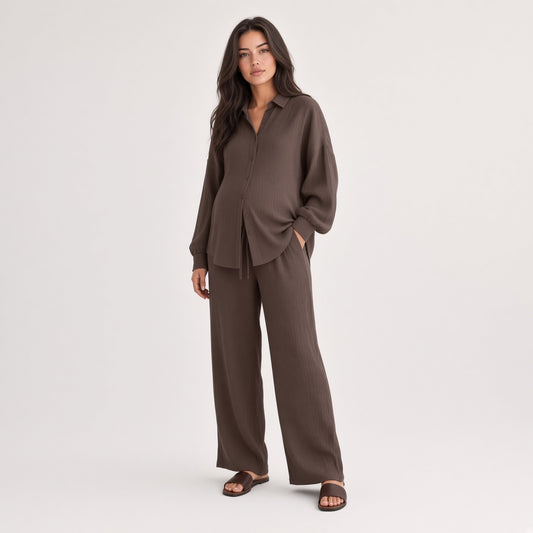 Conjunto De Dos Piezas Camisa Manga Larga Con Botones Y Pantalón Casual Holgado Pierna Ancha Moda Mujer En tendencia