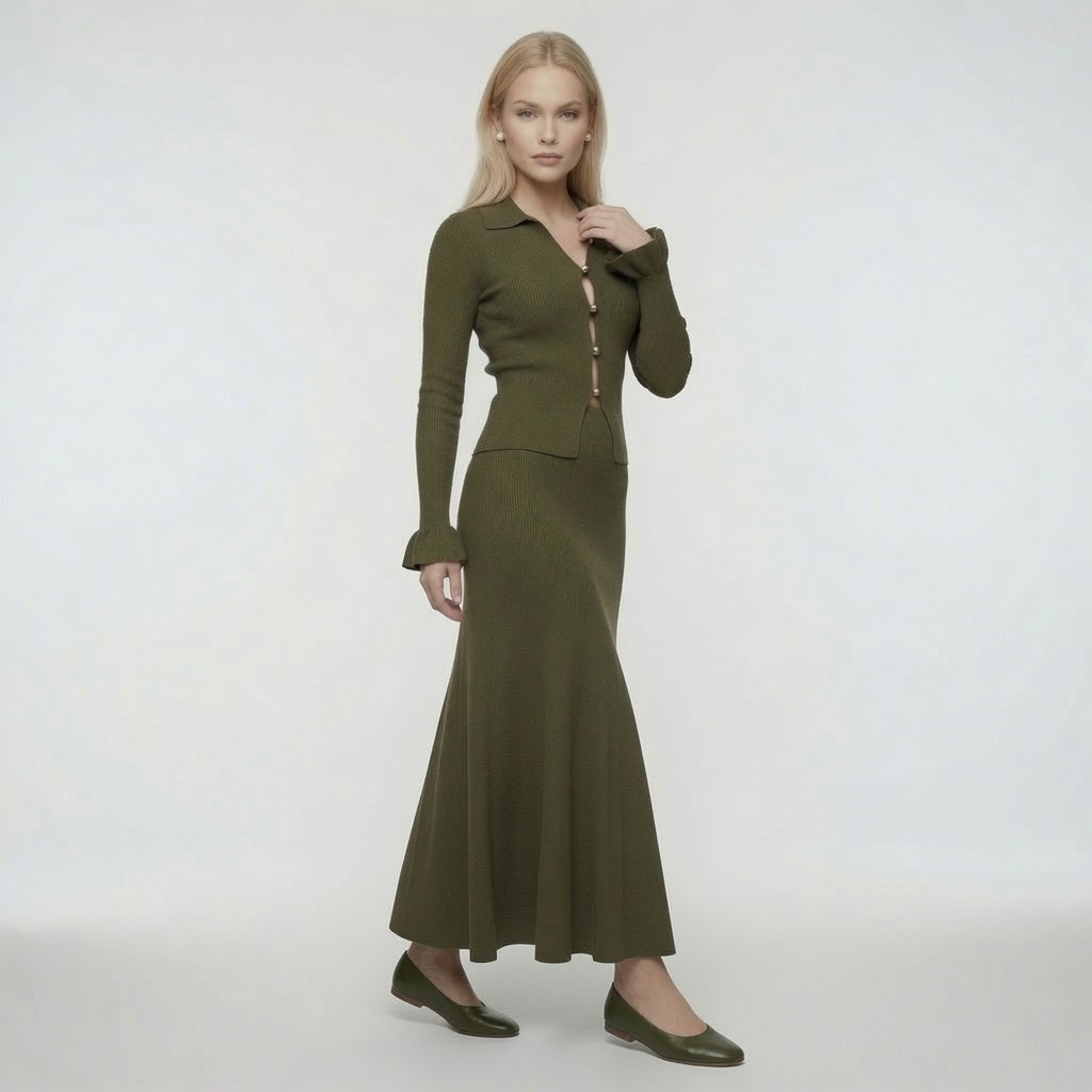 Conjunto Elegante De Blusa y Falda Manga Larga de Punto En Color Caqui Moda Mujer En Tendencia