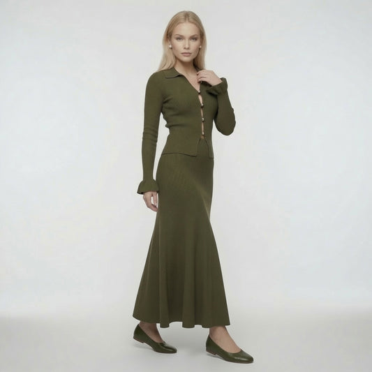 Conjunto Elegante De Blusa y Falda Manga Larga de Punto En Color Caqui Moda Mujer En Tendencia