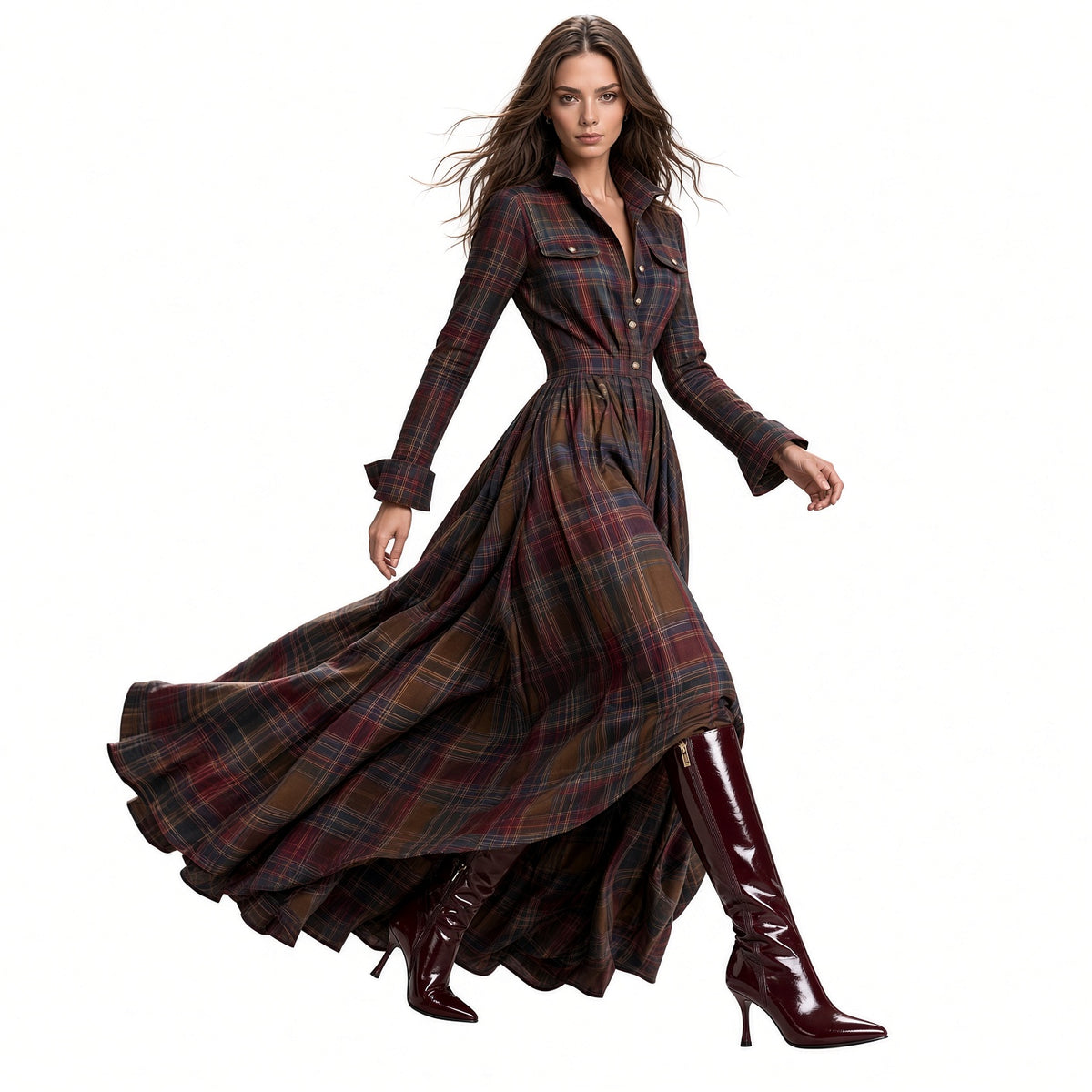 Elegante Vestido Largo Manga Larga Holgado Casual Con Estampados En Cuadros Vintage Botones De Solapa Moda Mujer En Tendencia