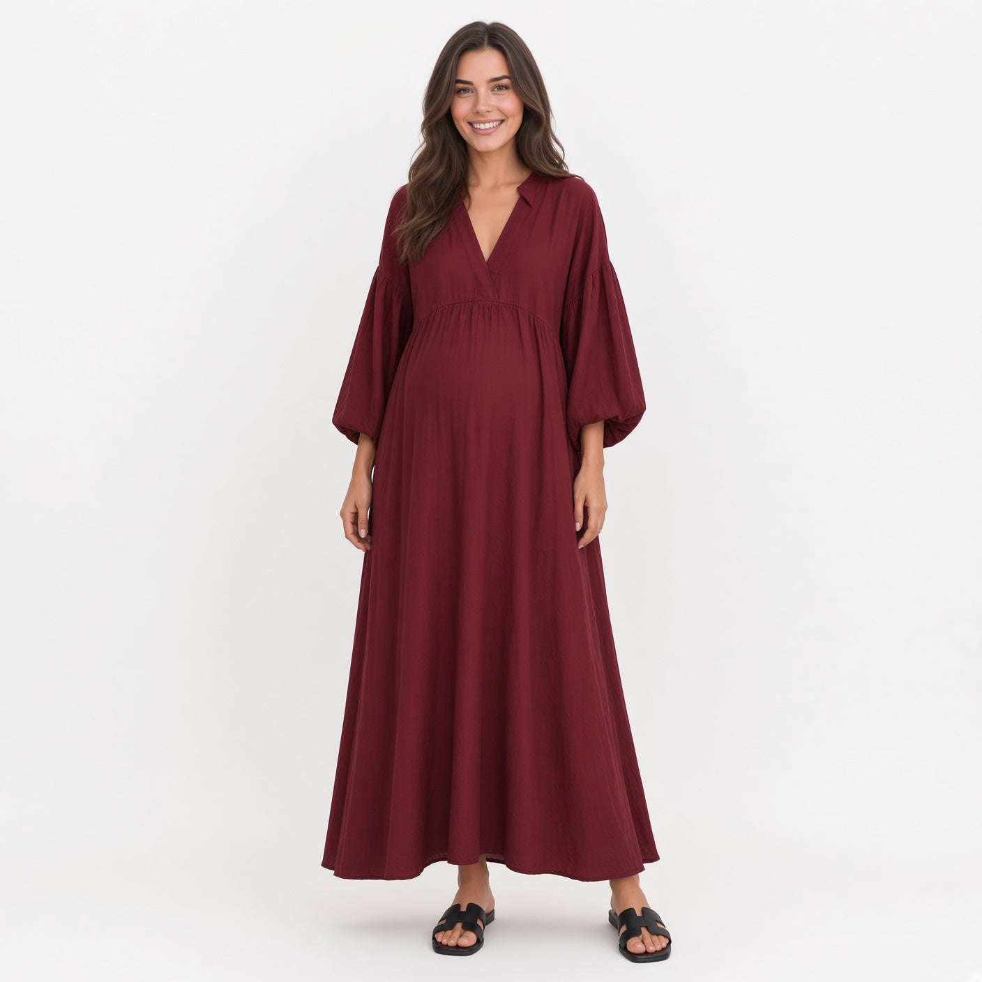 Vestido Elegante Largo Casual Cuello V De Algodón y Lino Tela fresca Mangas De Farol Moda Mujer En Tendencia