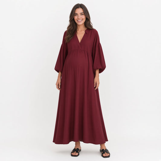 Vestido Elegante Largo Casual Cuello V De Algodón y Lino Tela fresca Mangas De Farol Moda Mujer En Tendencia