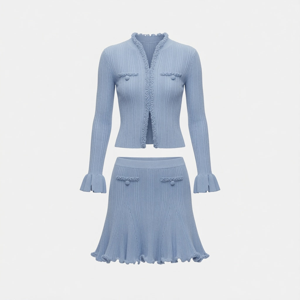 Conjunto Elegante De Blusa Manga Larga y Falda Midi De Encaje Color Azul Moda Mujer En Tendencia