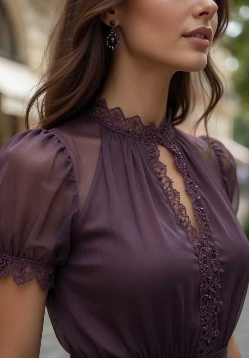 Vestido Largo Casual Formal Color Morado De Gasa Con Encaje En Tendencia
