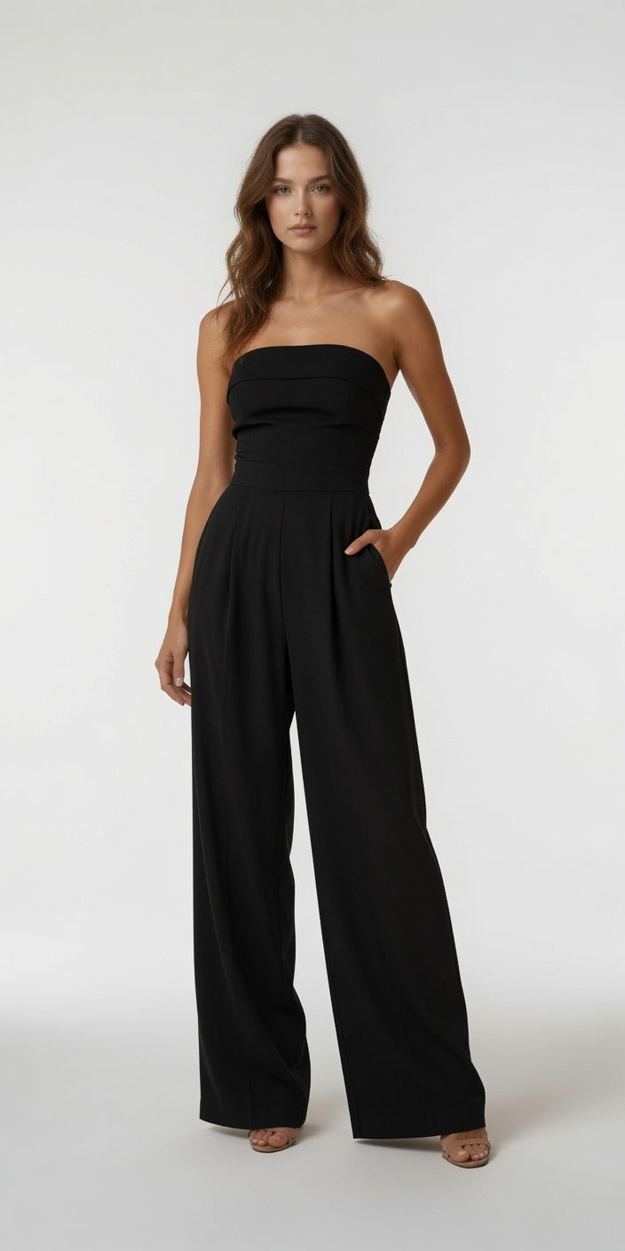 Mono Elegante Sin Tirantes Con Bolsillos En Color Liso Cintura Alta Corte Recto Moda Mujer En Tendencia 2 Tonos Mas