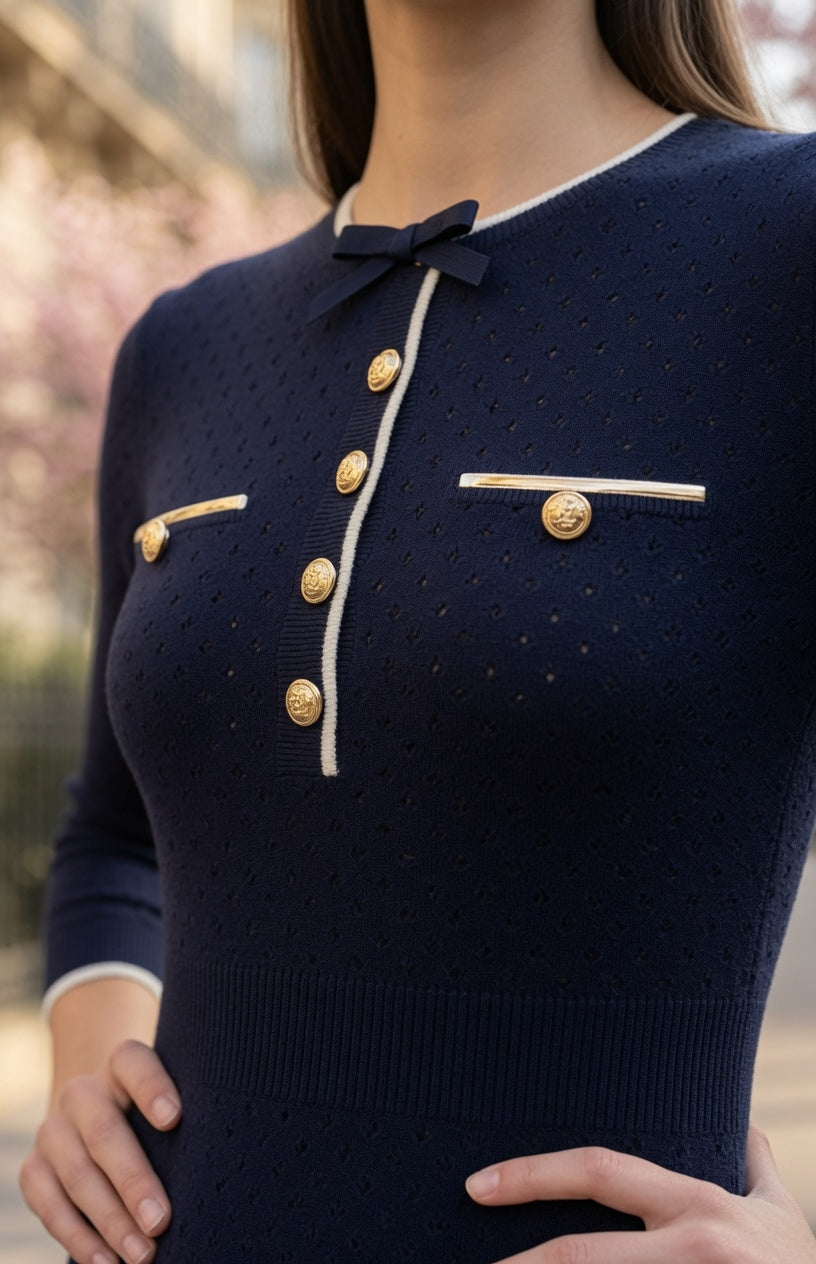 Vestido Elegante Midi De Punto Con Lazo de Mariposa Manga Larga Moda Mujer En Tendencia.