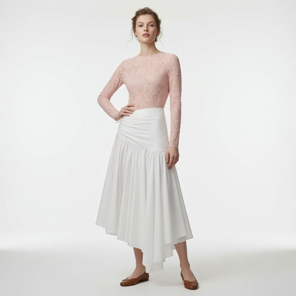 Conjunto Elegante Top De Encaje Rosa y Falda larga Blanca Moda Mujer En Tendencia.