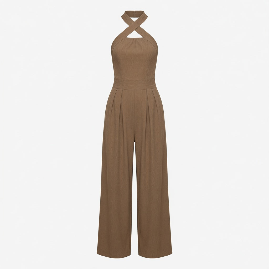 Elegante Mono Color Liso Con Cuello Halter Holgado en Pierna Moda Mujer En tendencia 3 Tonos Mas
