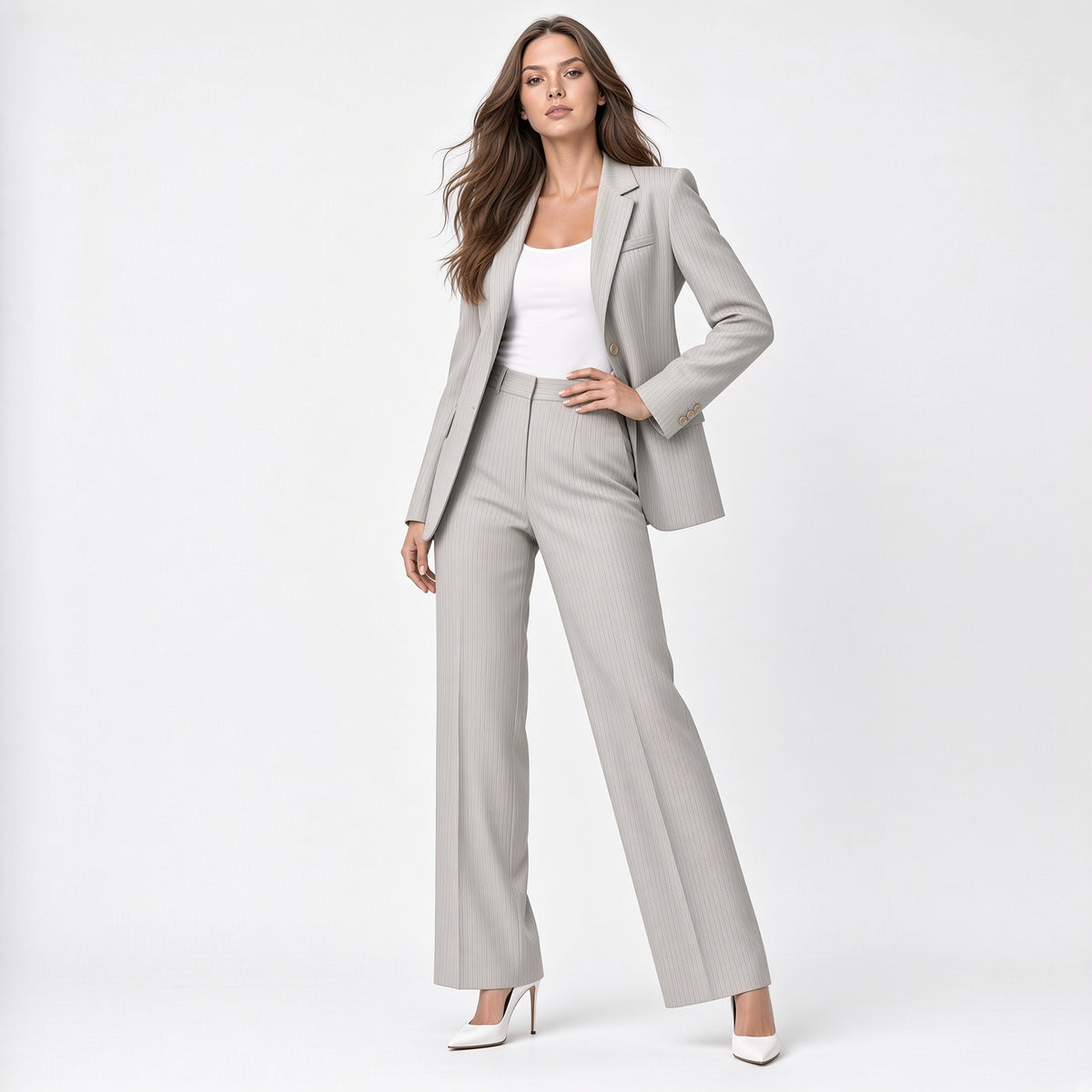 Conjunto Elegante De Traje Diseño De Rayas Estilo Holgado Blazers Elegante Manga Larga Con Abertura En Espalda Pantalón Ancho Cintura Alta Moda Mujer En Tendencia