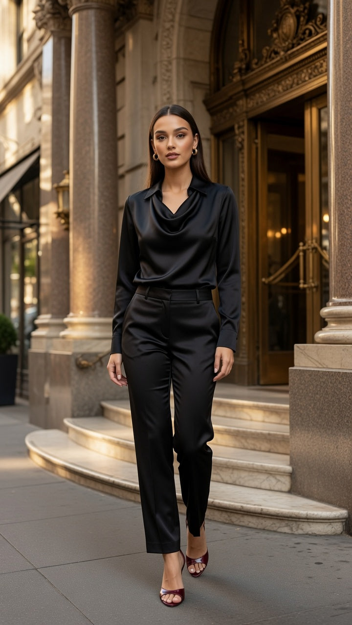 Blusa Elegante De Satén Con Cuello V Manga Larga Moda Mujer En Tendencia 2 Tonos Mas