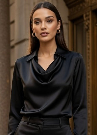 Blusa Elegante De Satén Con Cuello V Manga Larga Moda Mujer En Tendencia 2 Tonos Mas