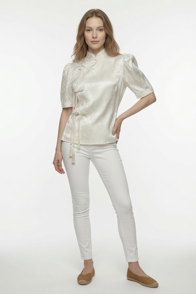 Elegante Blusa Estilo Chino Manga Corta Botones De Rana Top Casual Moda Mujer En Tendencia