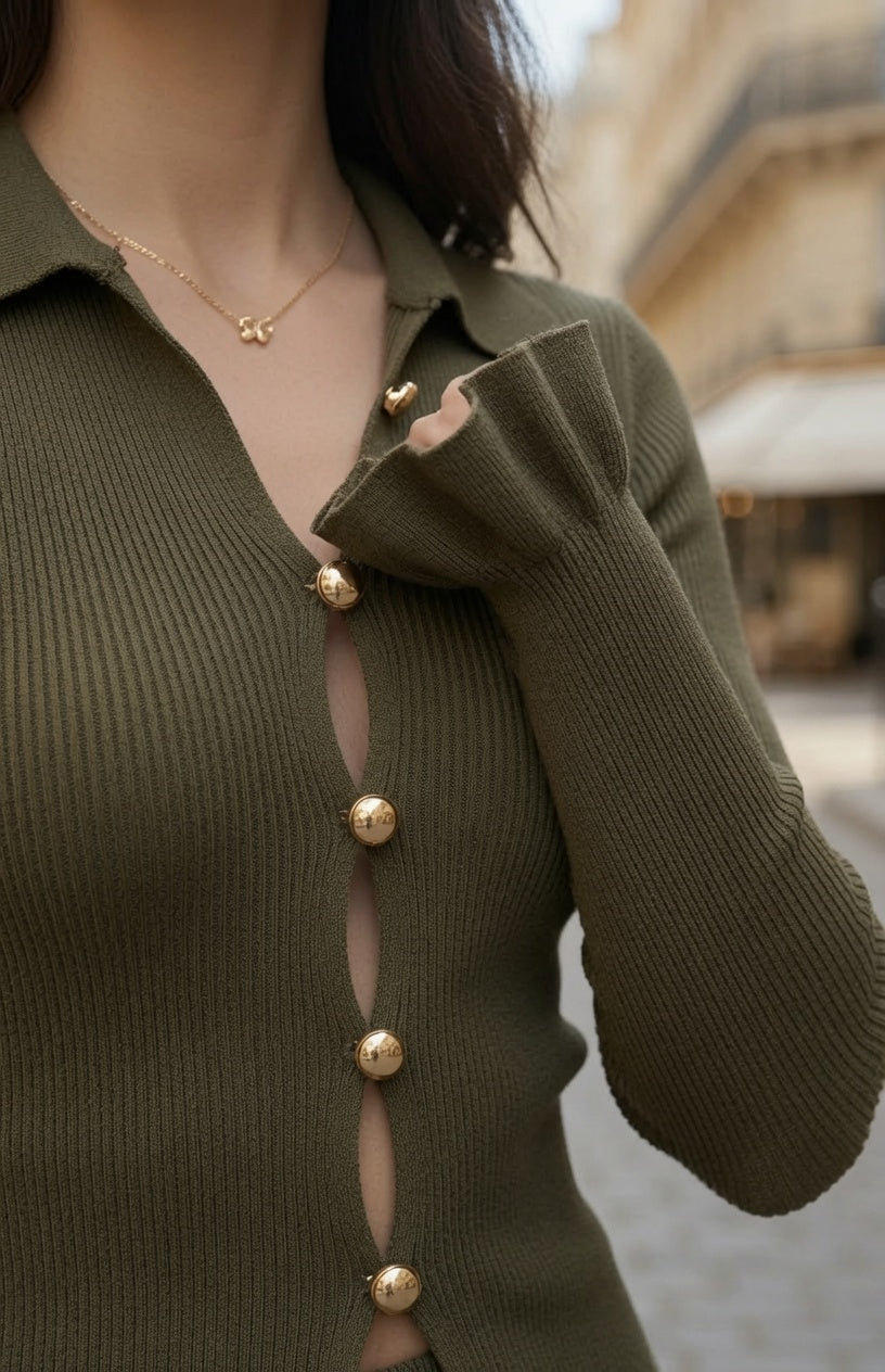 Conjunto Elegante De Blusa y Falda Manga Larga de Punto En Color Caqui Moda Mujer En Tendencia