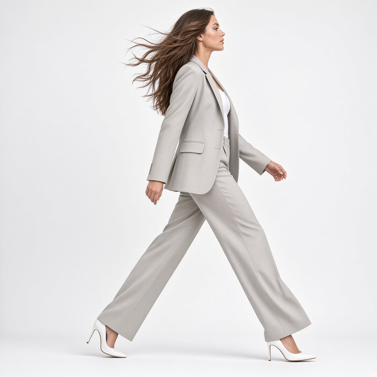 Conjunto Elegante De Traje Diseño De Rayas Estilo Holgado Blazers Elegante Manga Larga Con Abertura En Espalda Pantalón Ancho Cintura Alta Moda Mujer En Tendencia