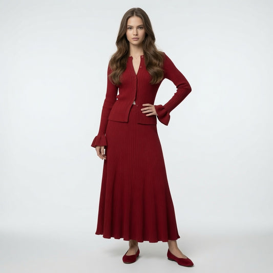 Conjunto Elegante Top Manga Larga y Falda Larga De Punto Con Volantes Moda Mujer En Tendencia