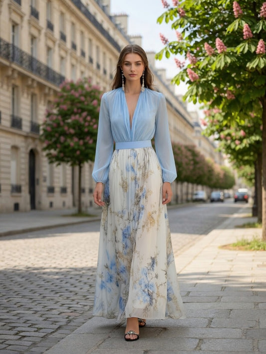 Vestido Largo / Maxi Dress Color Azul Con Estampado Floral En Tendencia
