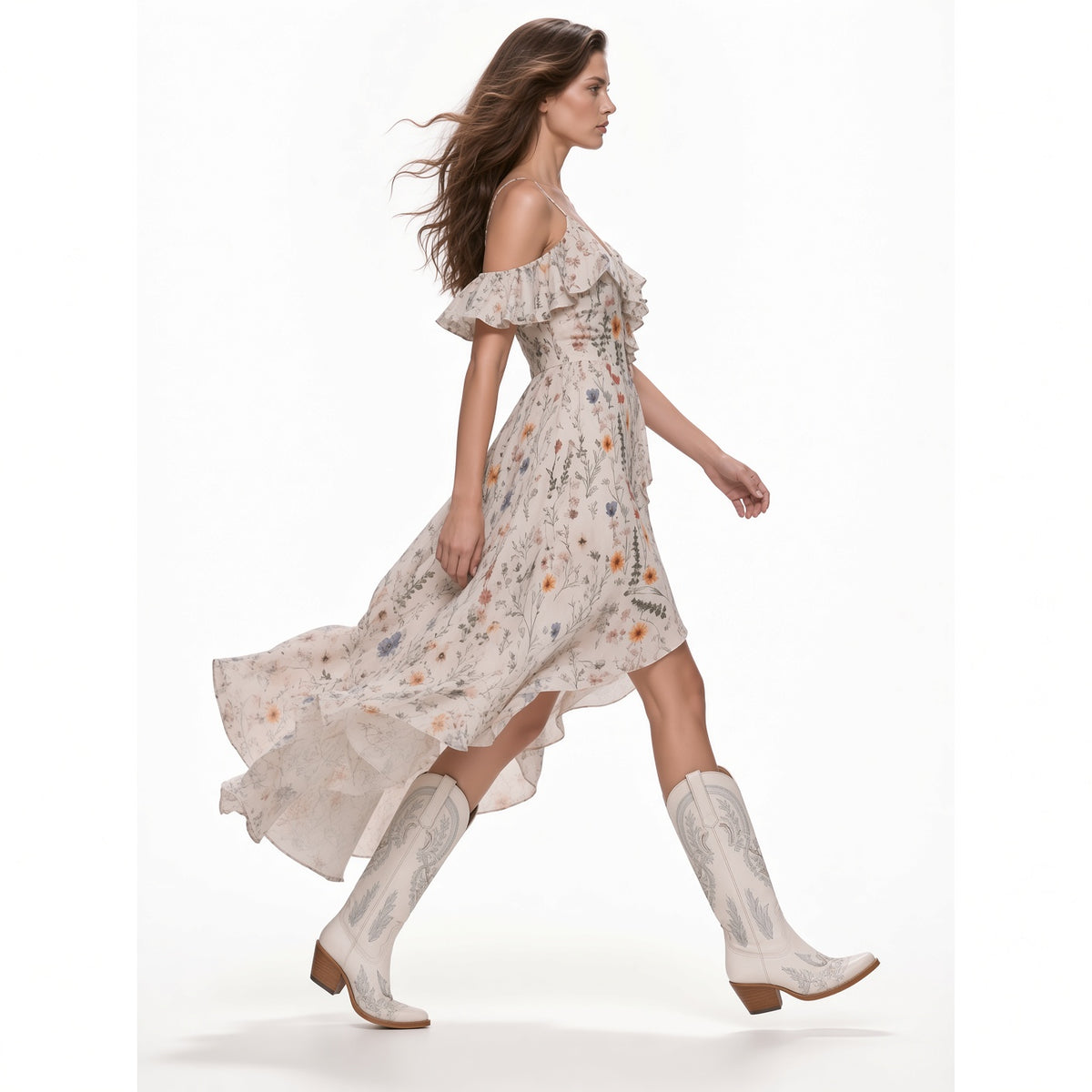 Elegante Vestido Midi Floral Hombros Descubiertos Volantes Cuello V Casual Moda Mujer En tendencia