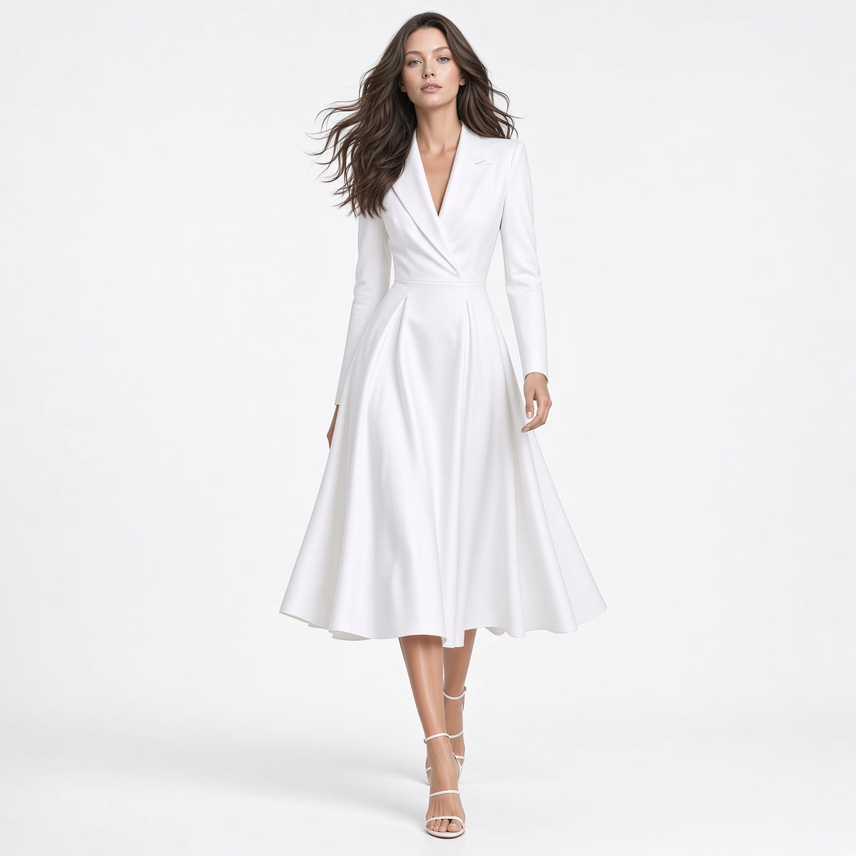 Elegante Vestido Largo Manga Larga Color Liso Cuello V Casual Formal Moda Mujer En Tendencia