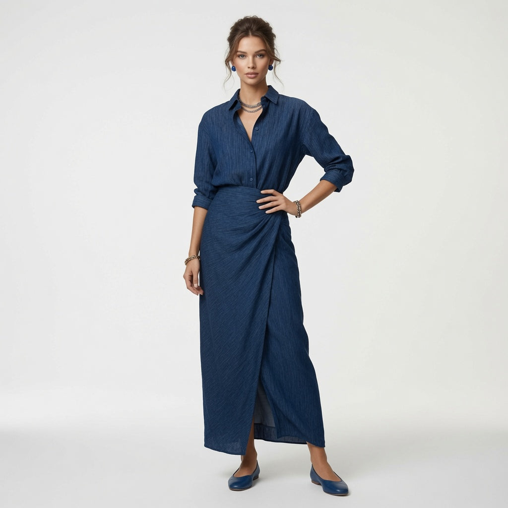 Conjunto De Falda  Larga Y Camisa Casual Formal De Algodón Y Lino Azul Marino En Tendencia