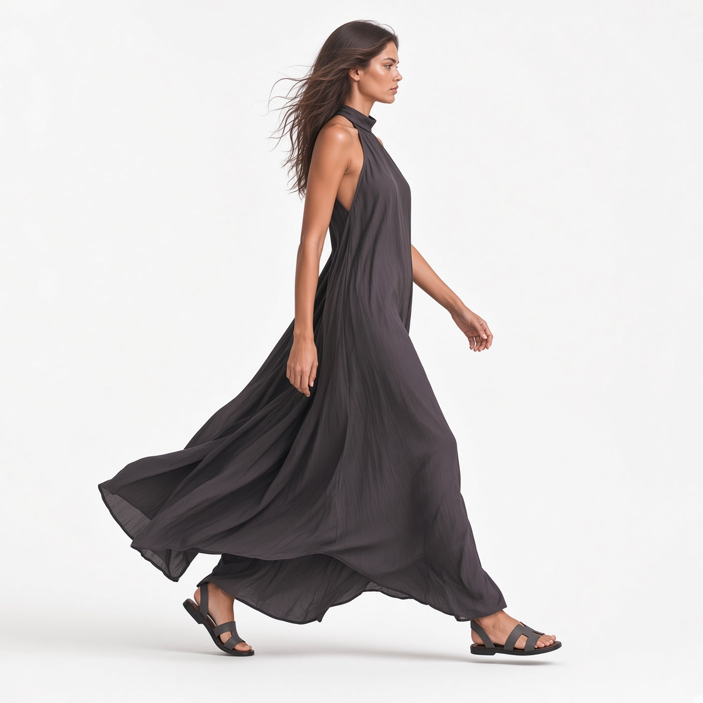 Vestido Elegante Largo Estilo Boho Holgado Sin Mangas Cuello Halter Con Bolsillos Moda Mujer En Tendencia