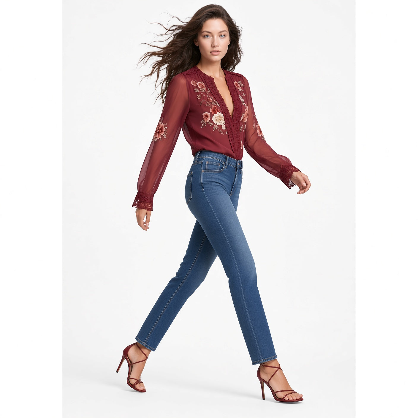 Elegante Blusa Casual Manga Larga Cuello V Estampado Floral Moda Mujer En Tendencia