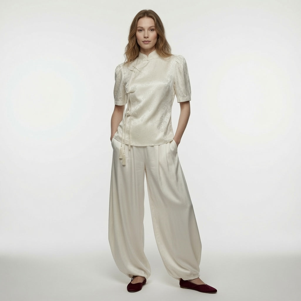 Elegante Blusa Estilo Chino Manga Corta Botones De Rana Top Casual Moda Mujer En Tendencia