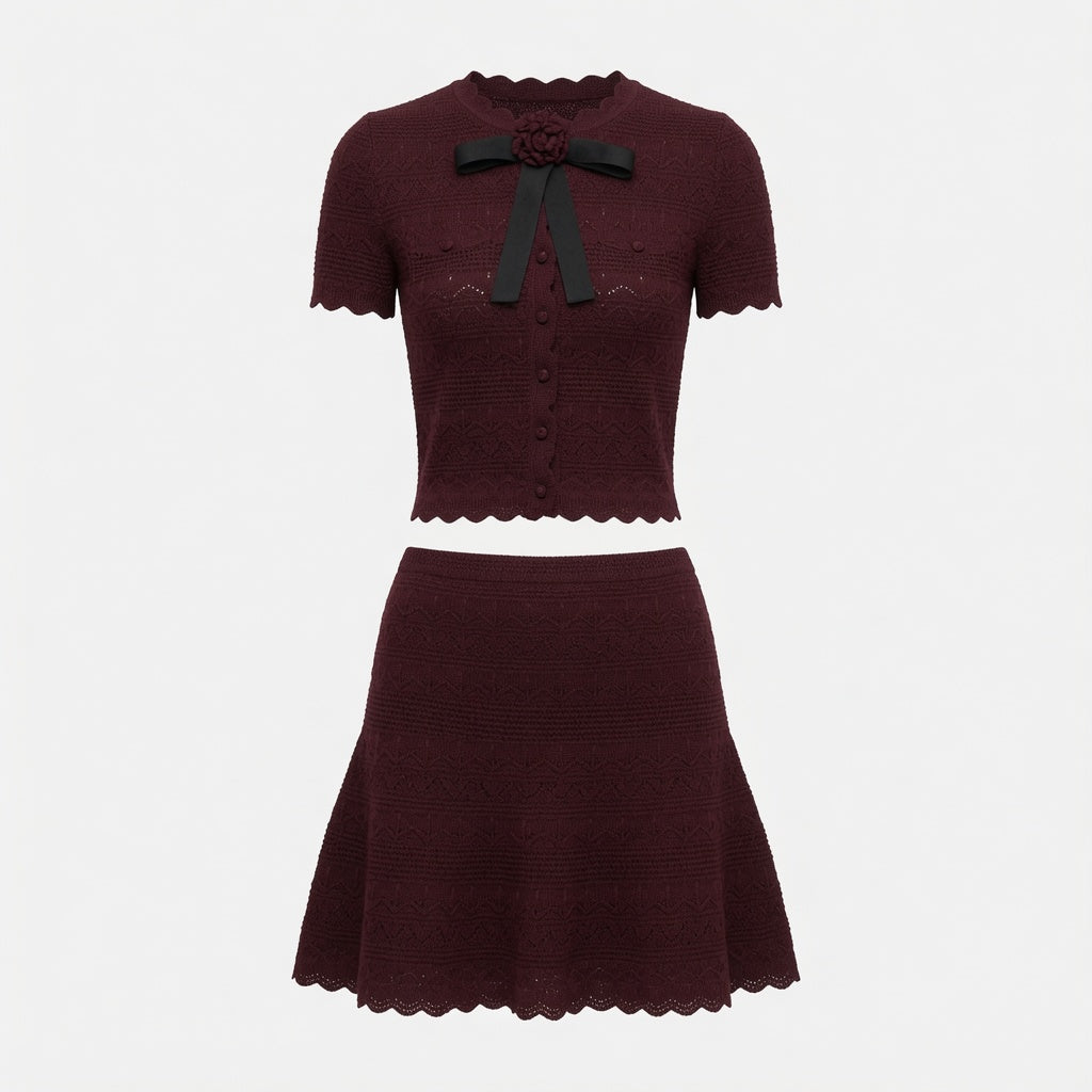 Conjunto De Top y Falda Corta Elegante Con Lazo Decorativo Moda Mujer En Tendencia.