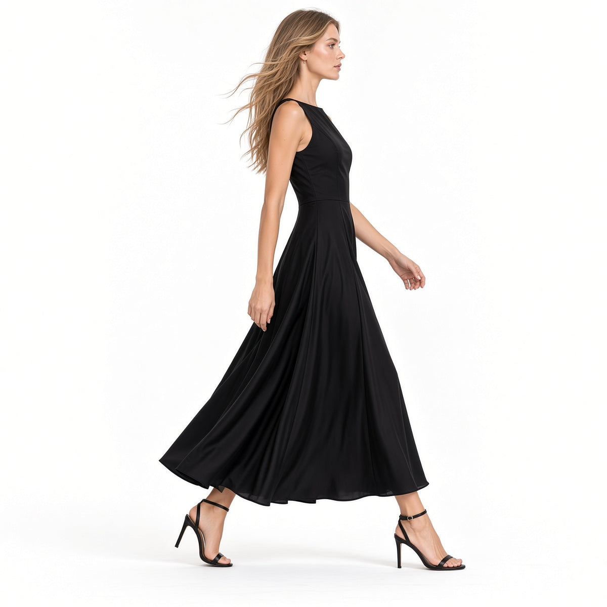Elegante Vestido Largo Casual Formal Sin Mangas Cintura Alta Cuello Redondo Moda Mujer En Tendencia