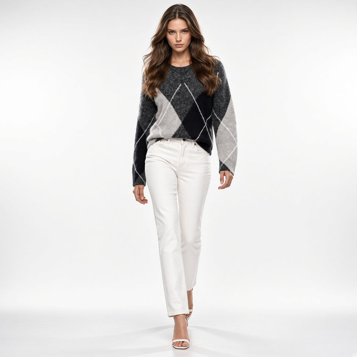 Elegante Sueter Manga Larga Cuello Redondo Retro Casual Jacquard Con Patrón Argly Moda Mujer En Tendencia
