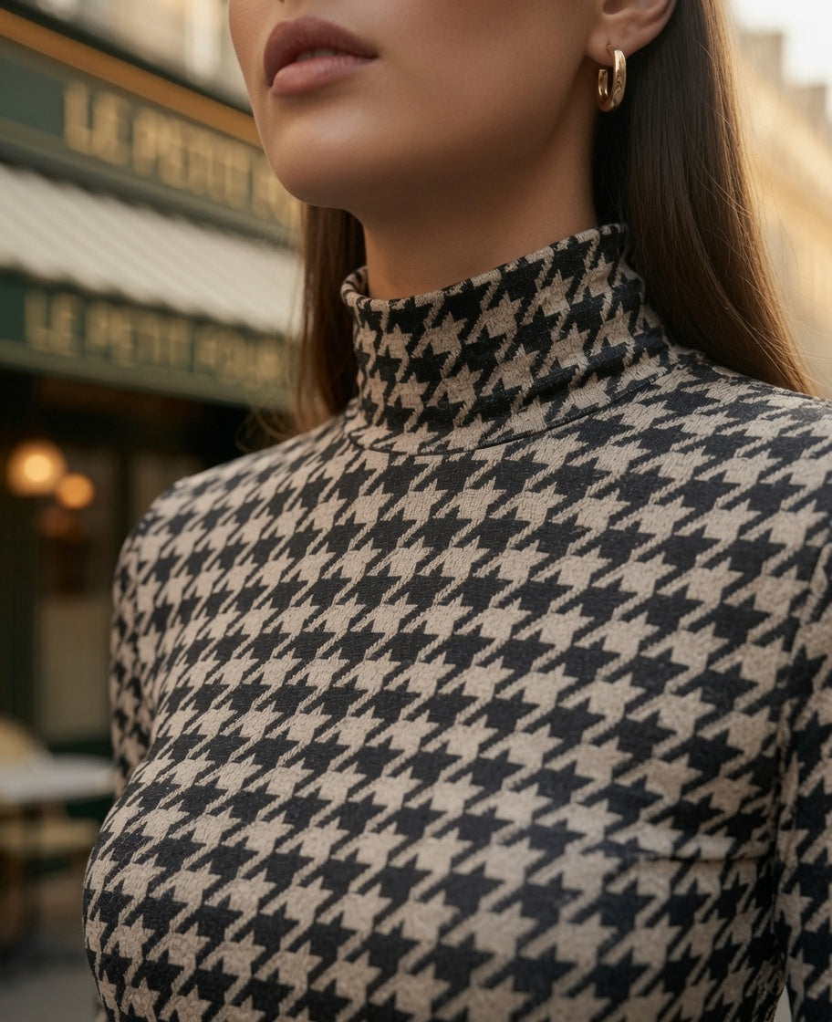 Camisa Suéter Elegante de Cuadros De Punto de Cuello Alto Moda Mujer En Tendencia